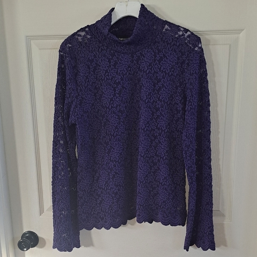 Metrostyle Sheer Floral Lace Mock Neck Stretchy Y2K Feminine Layering Blouse